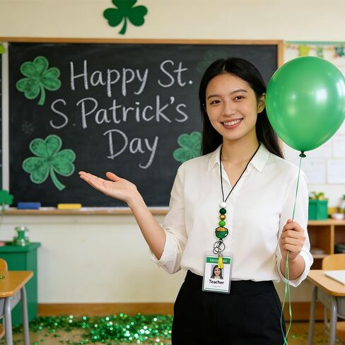 St Patricks Day Teacher Lanyard with Cute Leprechaun Beads, St Patricks Day Lanyard Breakaway Clasp for ID Badges, Fit for School and Classroom Use in Kuwait