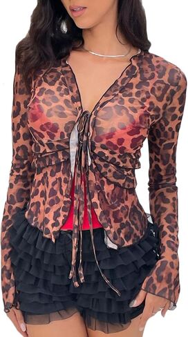 Women Long Sleeve See Through Lace Tops Y2k Sexy Leopard Sheer Mesh Crop Top Open Front Deep V Neck Ruffle Shirts in Saudi Arabia