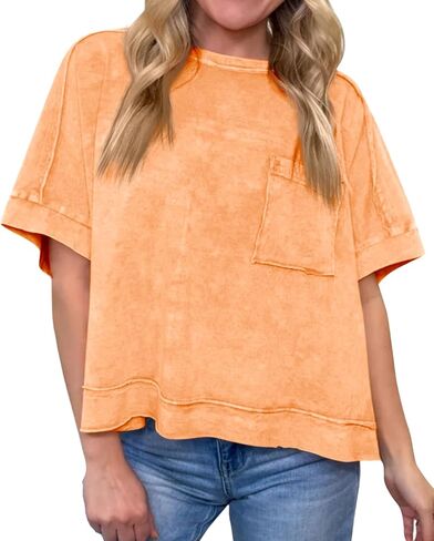 Cicy Bell Womens Summer Cropped T-Shirts Boxy Casual Short Sleeve Crew Neck Tops Acid Wash Cotton Loose Fit Tee Shirts in Saudi Arabia