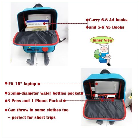 BeeMore Cartoon Robot Travel Laptop حقيبة ظهر لطيفة باللون الأزرق PU Robot Animal Finn Jake Adventure Trip حقيبة ظهر مقاومة للماء حقيبة كمبيوتر جامعية هدية للرجال والنساء تناسب دفتر الملاحظات مقاس 15.6 بوصة in Kuwait
