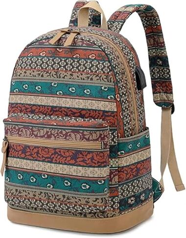 حقيبة ظهر للكمبيوتر المحمول للسفر مع منفذ شحن USB، حقيبة ظهر جامعية مقاومة للماء للنساء، بوهيمية in Kuwait