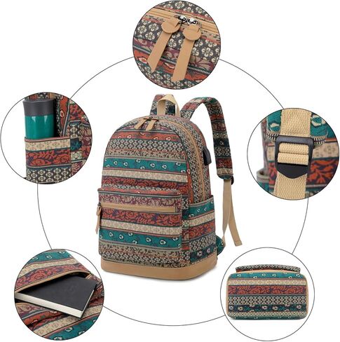 حقيبة ظهر للكمبيوتر المحمول للسفر مع منفذ شحن USB، حقيبة ظهر جامعية مقاومة للماء للنساء، بوهيمية in Kuwait