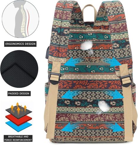 حقيبة ظهر للكمبيوتر المحمول للسفر مع منفذ شحن USB، حقيبة ظهر جامعية مقاومة للماء للنساء، بوهيمية in Kuwait