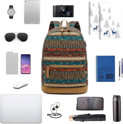 حقيبة ظهر للكمبيوتر المحمول للسفر مع منفذ شحن USB، حقيبة ظهر جامعية مقاومة للماء للنساء، بوهيمية in Kuwait