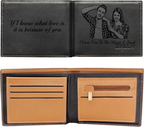 محافظ مخصصة للرجال، محفظة صور مخصصة محفورة، محفظة جلدية ثلاثية الطي (أسود) in Kuwait