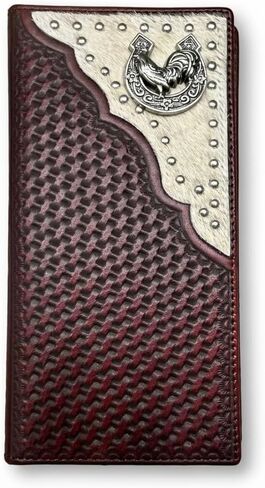 Men’s Long Leather Wallet – Basketweave Tooled with Cowhide Inlay and Horseshoe Rooster Concho – Western Rodeo Bifold Checkbook Wallet for Ranchers & Cowboys in Saudi Arabia