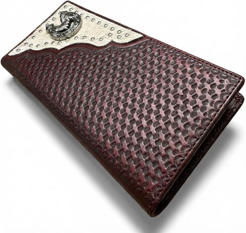Men’s Long Leather Wallet – Basketweave Tooled with Cowhide Inlay and Horseshoe Rooster Concho – Western Rodeo Bifold Checkbook Wallet for Ranchers & Cowboys in Saudi Arabia