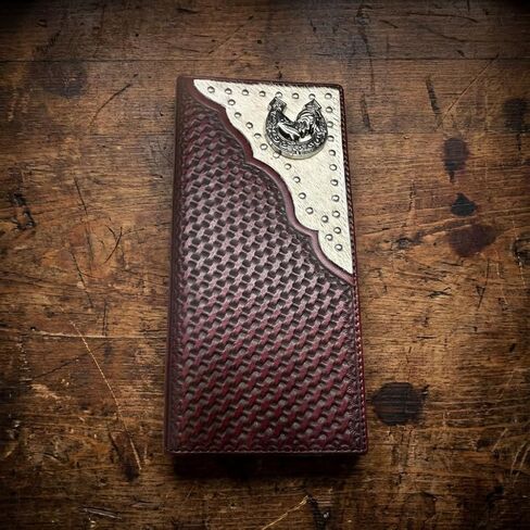 Men’s Long Leather Wallet – Basketweave Tooled with Cowhide Inlay and Horseshoe Rooster Concho – Western Rodeo Bifold Checkbook Wallet for Ranchers & Cowboys in Saudi Arabia