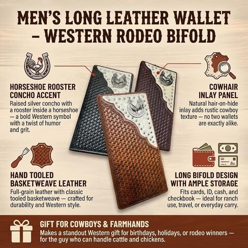Men’s Long Leather Wallet – Basketweave Tooled with Cowhide Inlay and Horseshoe Rooster Concho – Western Rodeo Bifold Checkbook Wallet for Ranchers & Cowboys in Saudi Arabia