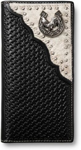 Men’s Long Leather Wallet – Basketweave Tooled with Cowhide Inlay and Horseshoe Rooster Concho – Western Rodeo Bifold Checkbook Wallet for Ranchers & Cowboys in Saudi Arabia