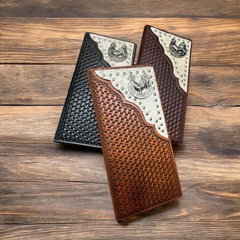 Men’s Long Leather Wallet – Basketweave Tooled with Cowhide Inlay and Horseshoe Rooster Concho – Western Rodeo Bifold Checkbook Wallet for Ranchers & Cowboys in Saudi Arabia