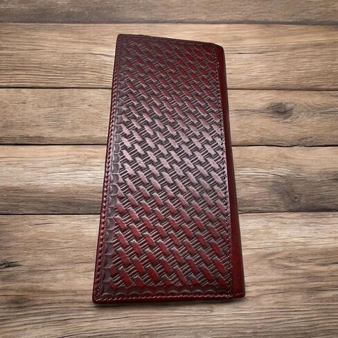 Men’s Long Leather Wallet – Basketweave Tooled with Cowhide Inlay and Horseshoe Rooster Concho – Western Rodeo Bifold Checkbook Wallet for Ranchers & Cowboys in Saudi Arabia