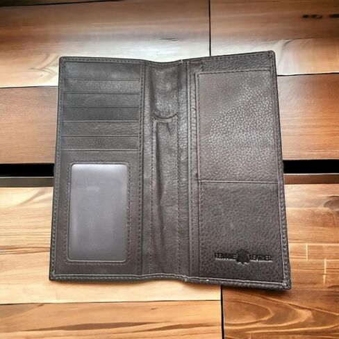 Men’s Long Leather Wallet – Basketweave Tooled with Cowhide Inlay and Horseshoe Rooster Concho – Western Rodeo Bifold Checkbook Wallet for Ranchers & Cowboys in Saudi Arabia