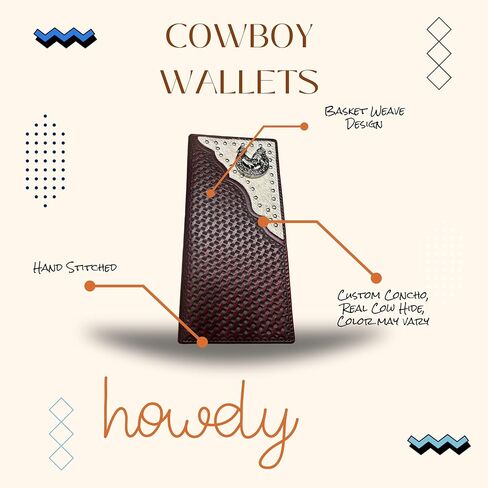 Men’s Long Leather Wallet – Basketweave Tooled with Cowhide Inlay and Horseshoe Rooster Concho – Western Rodeo Bifold Checkbook Wallet for Ranchers & Cowboys in Saudi Arabia