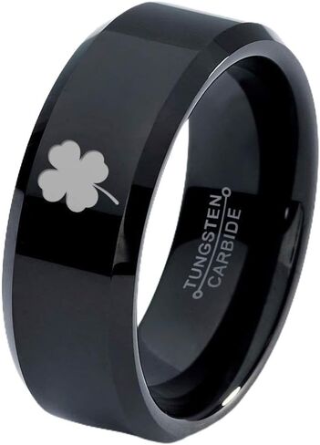 Lucky Charm Four Leaf Clover Ring - Tungsten Band 8mm - Men - Women - 18k Rose Gold Step Bevel Edge - Yellow - Grey - Blue - Black - Brushed - Polished - Wedding - Gift Dome Flat in Kuwait