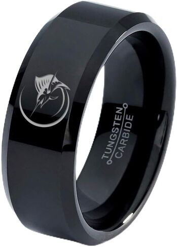 Marlin Marlins Sea Animal Creature Fish Ring - Tungsten Band 8mm - Men - Women - 18k Rose Gold Step Bevel Edge - Yellow - Grey - Blue - Black - Brushed - Polished - Wedding - Gift Dome Flat Cut in Kuwait