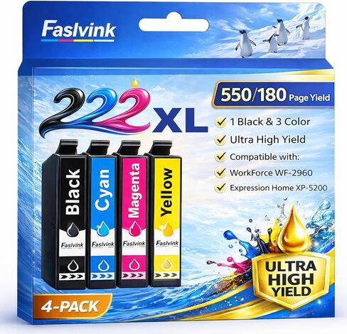 Remanufactured Replacement for Epson 222XL Ink Cartridges Combo Pack 222 Ink Cartridges Compatible with Epson XP-5200 Workforce WF-2960 Printer High Yield (Black Cyan Magenta Yellow 4 Pack) in Kuwait