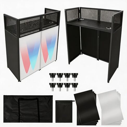 Portable Dj Facade Booth with White & Black Lighting Scrim,52"L X 26"W Dj Stand Booth,Foldable Dj Table Station with Adjustable Dj Event Facade Feet for Party, Black Metal Frame in Kuwait