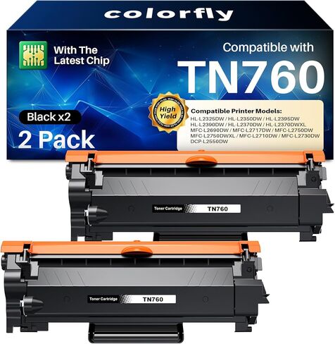 حبر TN760 لطابعة Brother متوافق مع خرطوشة حبر Brother TN760 TN-760 TN730 TN 760 للاستخدام مع MFC-L2710DW MFC-L2750DW HL-L2350DW HL-L2370DW HL-L2395DW DCP-L2550DW (2 أسود) in Kuwait