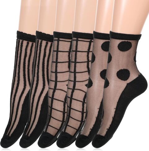 3 Pairs Sheer Socks Women Ankle, Black Checkered Polka Dot Striped Plaid Geometric See Through Socks Mesh Sock Sheer Sock with Designs for Women Girls in Saudi Arabia