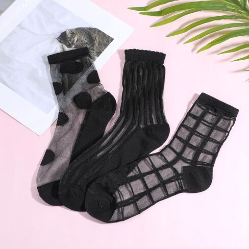 3 Pairs Sheer Socks Women Ankle, Black Checkered Polka Dot Striped Plaid Geometric See Through Socks Mesh Sock Sheer Sock with Designs for Women Girls in Saudi Arabia