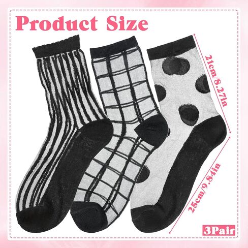 3 Pairs Sheer Socks Women Ankle, Black Checkered Polka Dot Striped Plaid Geometric See Through Socks Mesh Sock Sheer Sock with Designs for Women Girls in Saudi Arabia