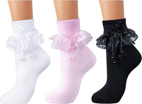 NiceBaby Womens Ruffle Socks, Cotton Ankle Socks with Bow and Pearl Tassels, Lace Frilly Style in Kuwait