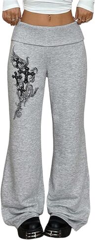 Milumia Women's Grunge Graphic Fold Over Flare Pants Elastic Low Waist Casual Trousers in Saudi Arabia