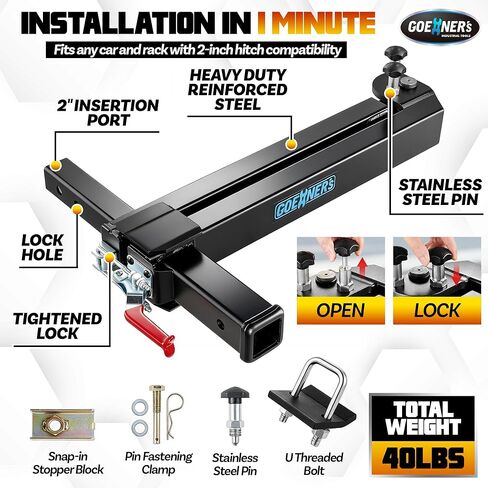 𝟐𝟎𝟐𝟔 𝐔𝐩𝐠𝐫𝐚𝐝𝐞𝐝 Swing Away Hitch Adapter for 2" Hitch, 0-180 Degree Swing Arm, 250lb Load Capacity, Hitch Mounted Bike Racks Extension Accessory for Cars, Trucks, SUVs in Kuwait