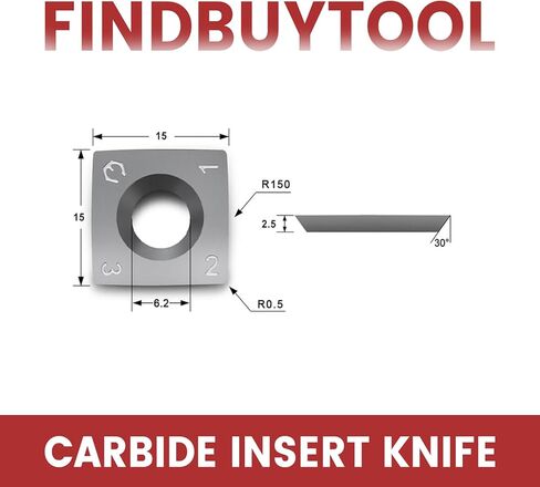 Findbuytool Carbide Inserts cutters (15x15x2.5mm-30°-R150-4R0.5) Insert for Woodworking Helical Cutter Head Tools, 10 Pcs (10) in Kuwait