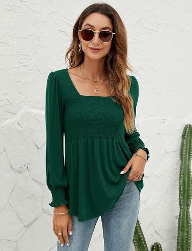 Women Blouses Puff Long Sleeve Shirts Square Neck Casual Smocked Tunic Tops Spring Fall Winter Clothes in Saudi Arabia