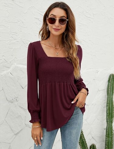 Women Blouses Puff Long Sleeve Shirts Square Neck Casual Smocked Tunic Tops Spring Fall Winter Clothes in Saudi Arabia