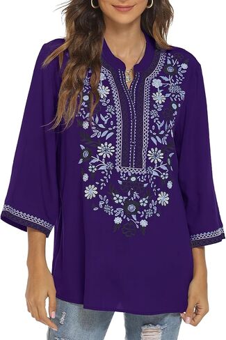 AK Embroidered Tops for Women 3/4 Sleeve Bohemian Mexican Floral Peasant Shirts Loose Tunic Blouses in Saudi Arabia