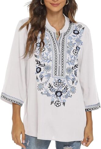 AK Embroidered Tops for Women 3/4 Sleeve Bohemian Mexican Floral Peasant Shirts Loose Tunic Blouses in Kuwait