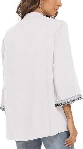 AK Embroidered Tops for Women 3/4 Sleeve Bohemian Mexican Floral Peasant Shirts Loose Tunic Blouses in Kuwait