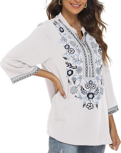 AK Embroidered Tops for Women 3/4 Sleeve Bohemian Mexican Floral Peasant Shirts Loose Tunic Blouses in Kuwait