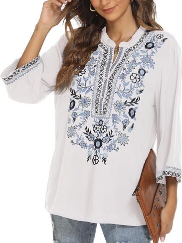 AK Embroidered Tops for Women 3/4 Sleeve Bohemian Mexican Floral Peasant Shirts Loose Tunic Blouses in Kuwait