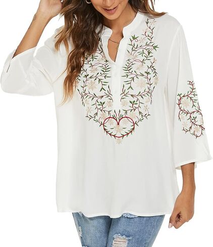 AK Embroidered Tops for Women 3/4 Sleeve Bohemian Mexican Floral Peasant Shirts Loose Tunic Blouses in Kuwait