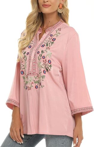 AK Embroidered Tops for Women 3/4 Sleeve Bohemian Mexican Floral Peasant Shirts Loose Tunic Blouses in Kuwait