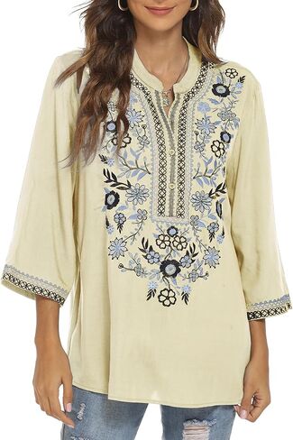 AK Embroidered Tops for Women 3/4 Sleeve Bohemian Mexican Floral Peasant Shirts Loose Tunic Blouses in Kuwait