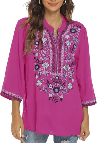 AK Embroidered Tops for Women 3/4 Sleeve Bohemian Mexican Floral Peasant Shirts Loose Tunic Blouses in Kuwait