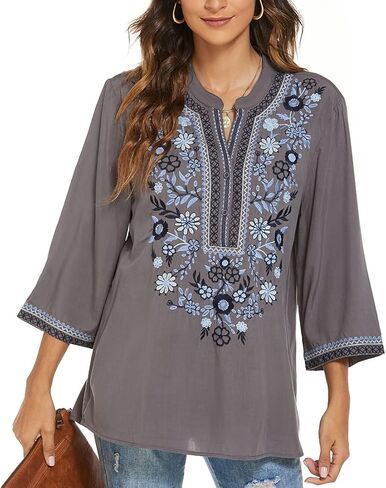 AK Embroidered Tops for Women 3/4 Sleeve Bohemian Mexican Floral Peasant Shirts Loose Tunic Blouses in Kuwait