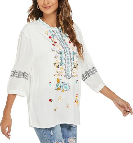 AK Embroidered Tops for Women 3/4 Sleeve Bohemian Mexican Floral Peasant Shirts Loose Tunic Blouses in Kuwait