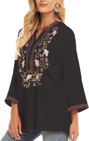 AK Embroidered Tops for Women 3/4 Sleeve Bohemian Mexican Floral Peasant Shirts Loose Tunic Blouses in Kuwait