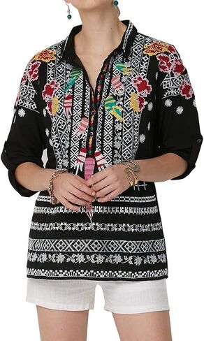 AK Embroidered Tops for Women 3/4 Sleeve Bohemian Mexican Floral Peasant Shirts Loose Tunic Blouses in Kuwait