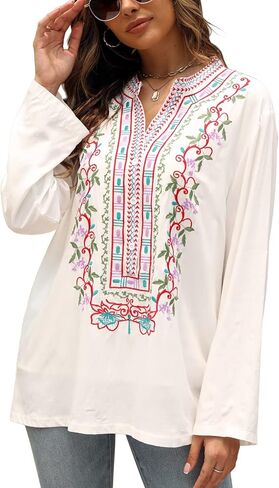 AK Embroidered Tops for Women 3/4 Sleeve Bohemian Mexican Floral Peasant Shirts Loose Tunic Blouses in Kuwait