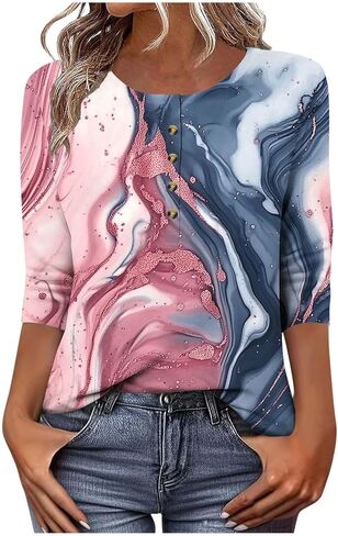Retro Floral Print Summer Blouse for Women 3/4 Length Sleeve Womens Tops Casual Button Henley Shirts Loose Fit in Saudi Arabia