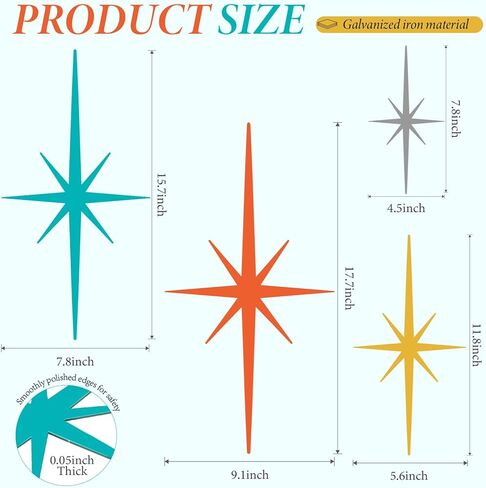 Larger & Stronger 4 Pcs Cast Iron Starburst Wall Decor, Mid Century Modern Metal Wall Art with Upgraded no-mark adhesive Installation, 17.7 Inch Retro Atomic Stars for Home Office Room (Art Deco, Retro, PLUS) in Saudi Arabia