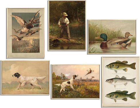 6Pcs Nursery Hunting Wall Art Vintage Fishing Boy Wall Decor Mallard Duck Painting Pictures Hunting Dog Pheasant Posters Prints for Boys Room Farmhouse Canvas Unframed in Saudi Arabia