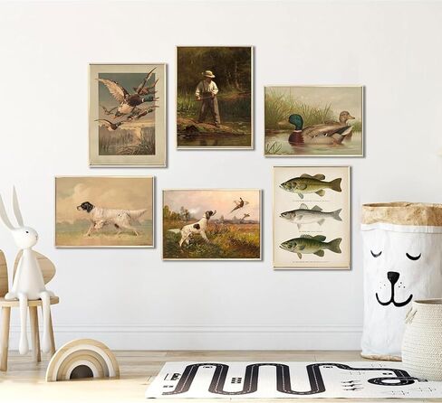 6Pcs Nursery Hunting Wall Art Vintage Fishing Boy Wall Decor Mallard Duck Painting Pictures Hunting Dog Pheasant Posters Prints for Boys Room Farmhouse Canvas Unframed in Saudi Arabia